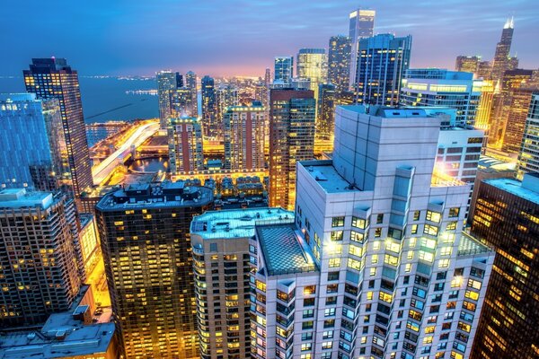 Luces de rascacielos de la noche de Chicago