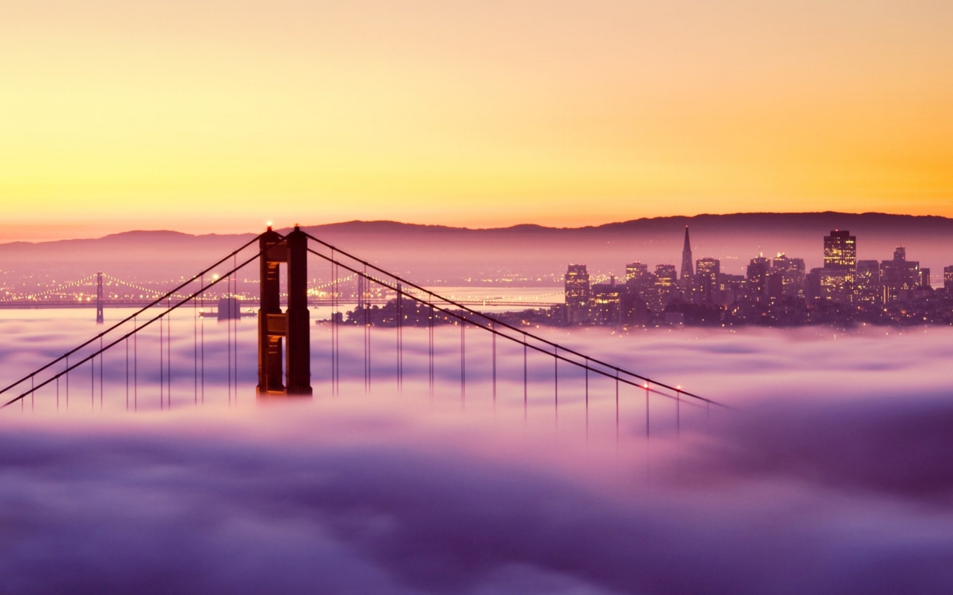 lights sunset bridge fog building san francisco