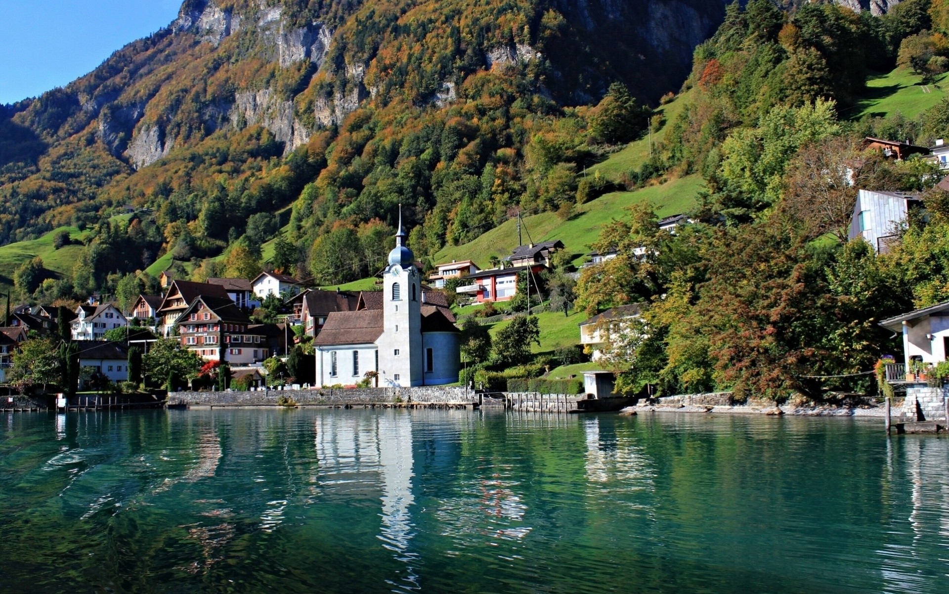 kirche landschaft schweiz see berge