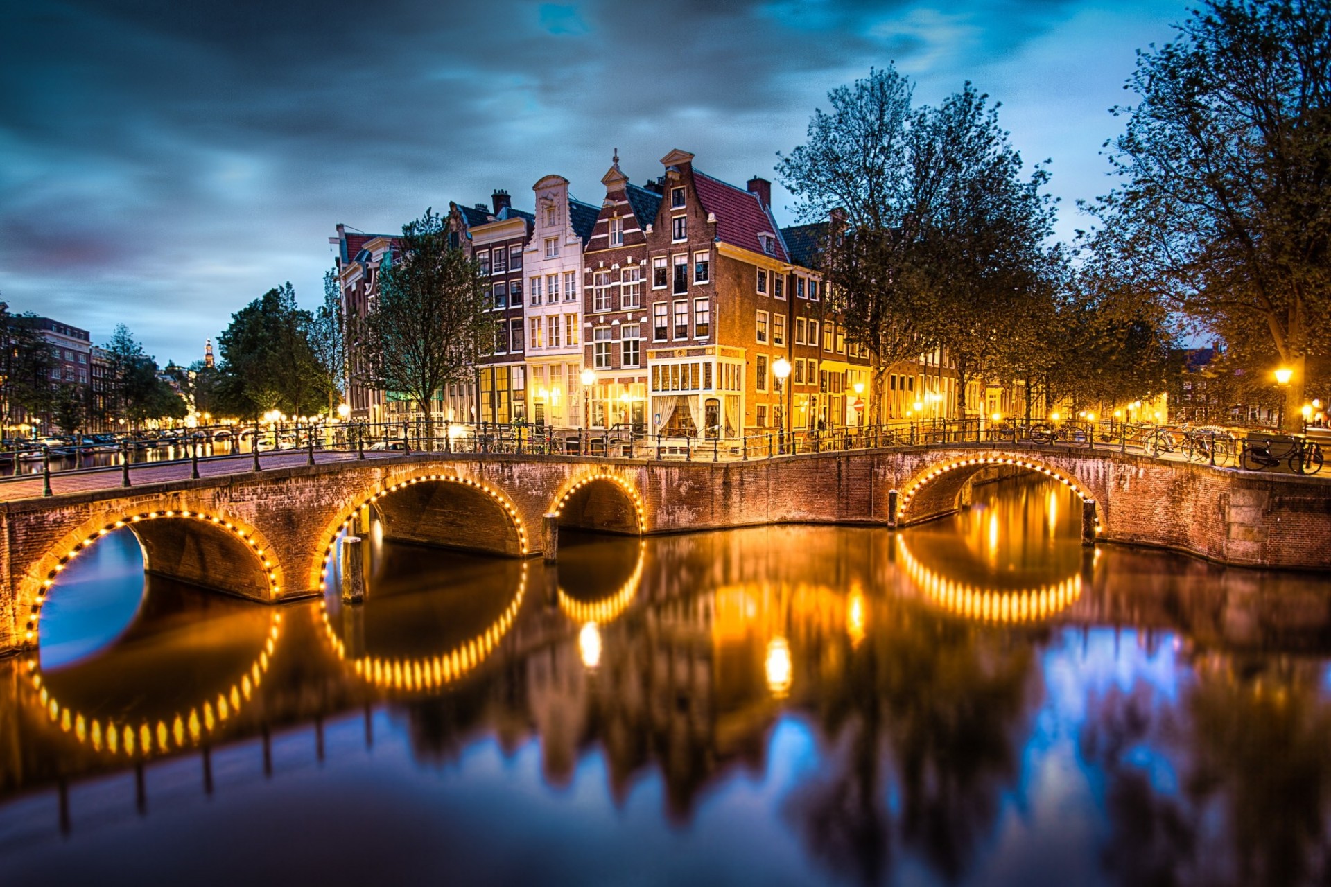 lights amsterdam reflection bridge night city netherlands canal