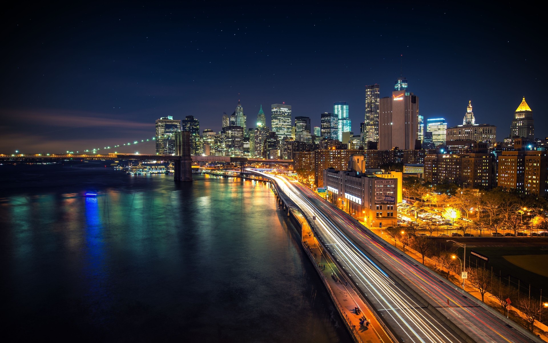 east river lower manhattan new york grattacieli manhattan bridge strada manhattan città notturna lungomare