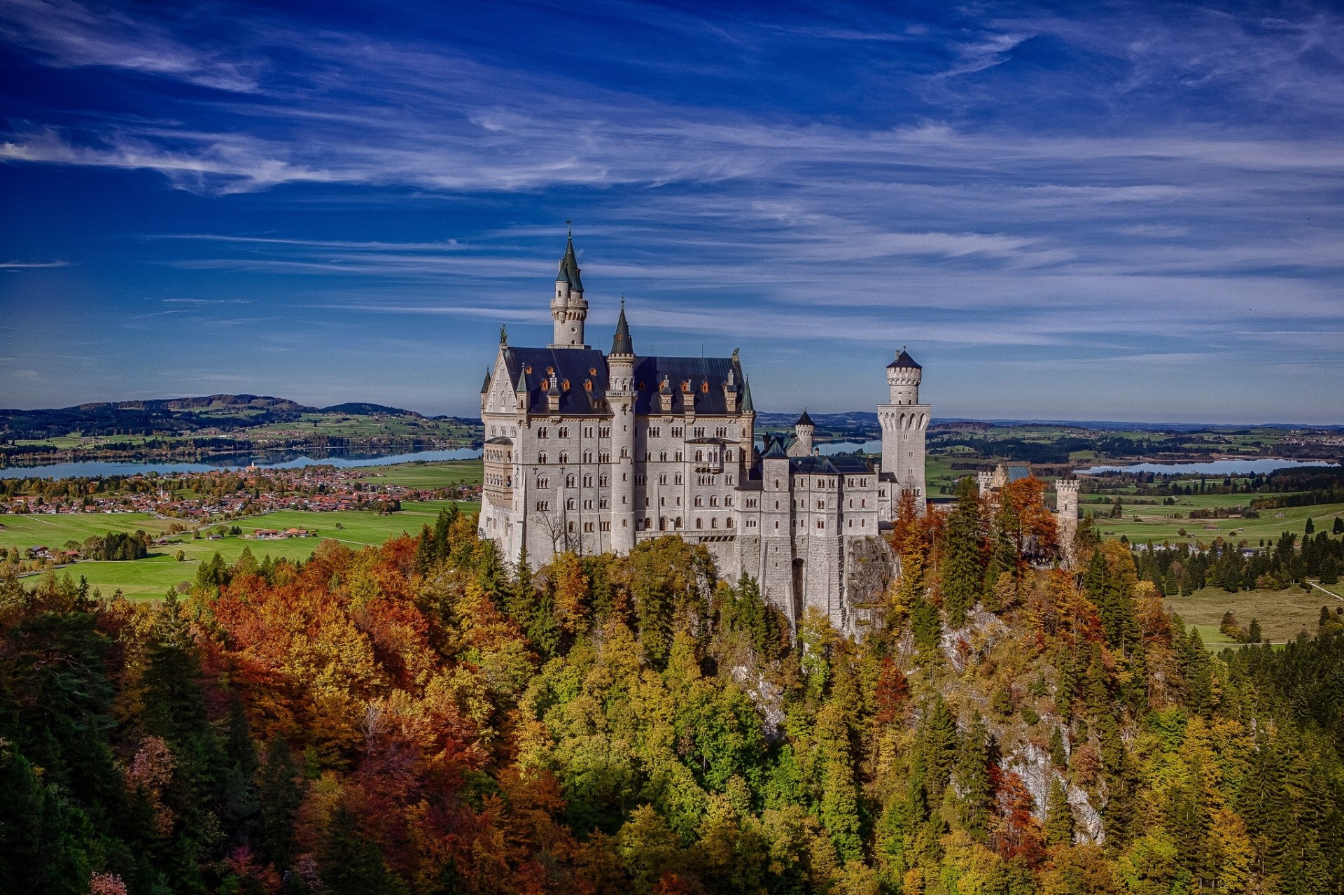 landscape lock forest bavaria germany autumn renovation neuschwanstein castle rock