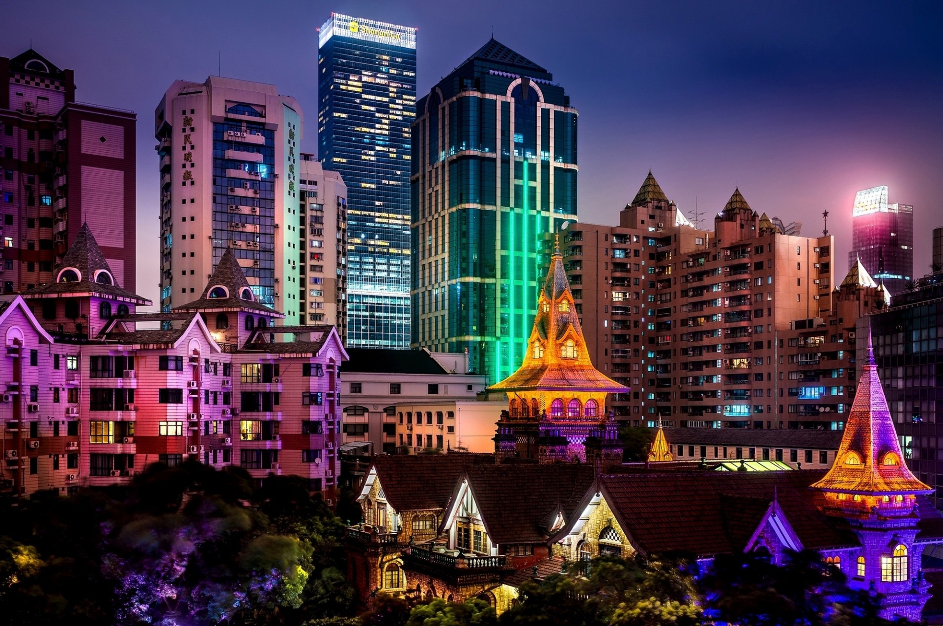 lichter wolkenkratzer nacht china asien bäume beleuchtung shanghai stadt gebäude dach häuser