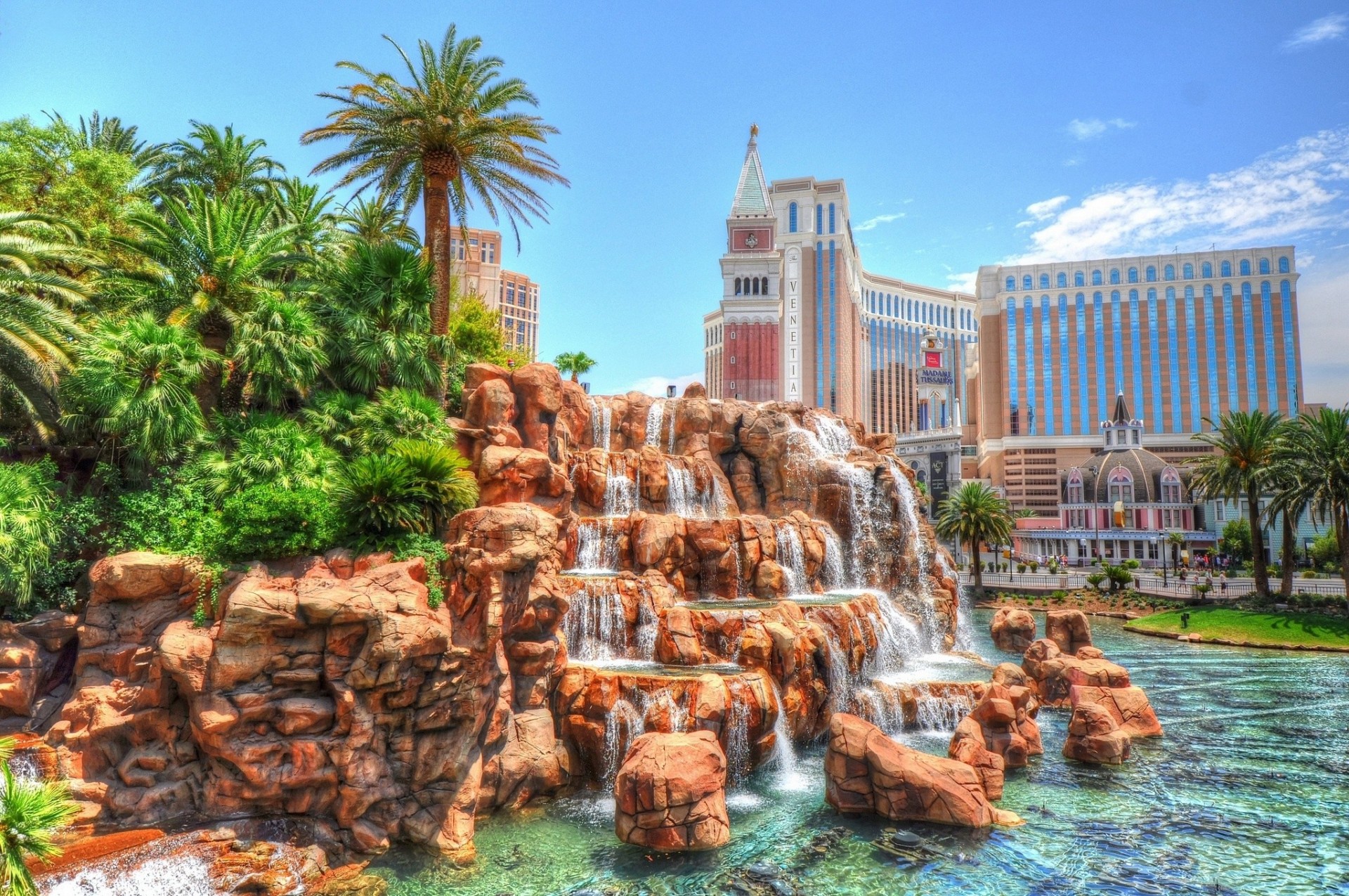 wasserfall palmen las vegas gebäude nevada kaskade