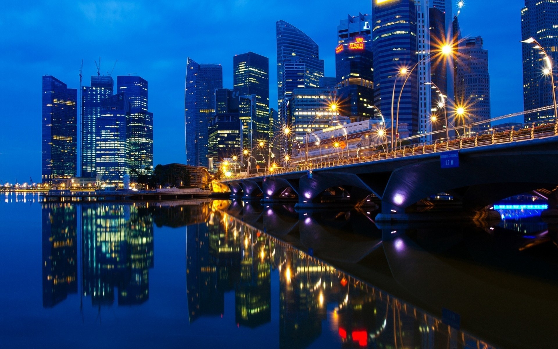 night river bridge skyscraper metropolis town light