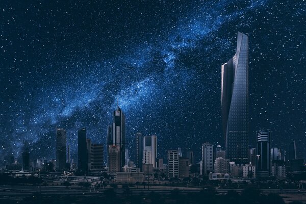 Starry sky and night city