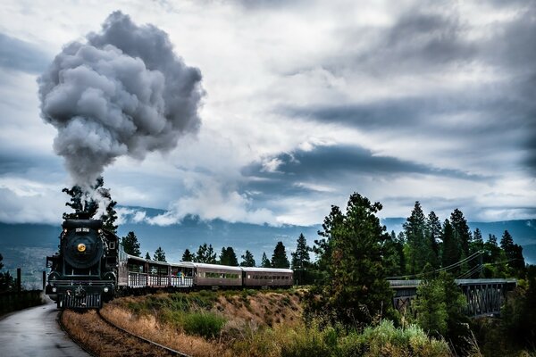 Eine Eisenbahn am Rand einer Klippe in einem Waldgebiet und eine große Anzahl von Waggons zieht eine Dampflokomotive