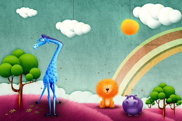 Disegno del bambino vicino all arcobaleno di giraffa e ippopotamo in Africa