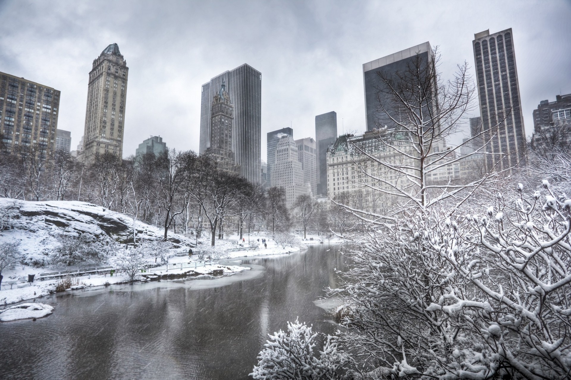 manhattan new york winter bäume wolkenkratzer teich gebäude central park