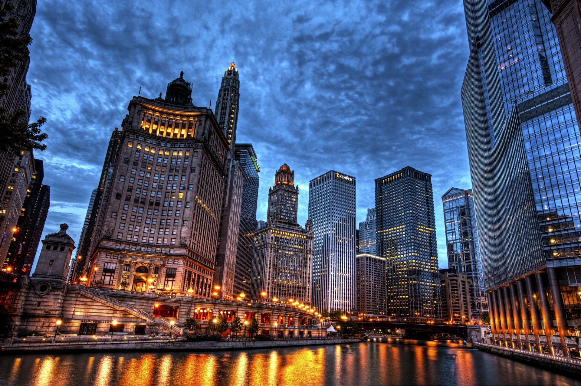 chicago river tree skyscraper town night sky building illinois rain united states bridge house