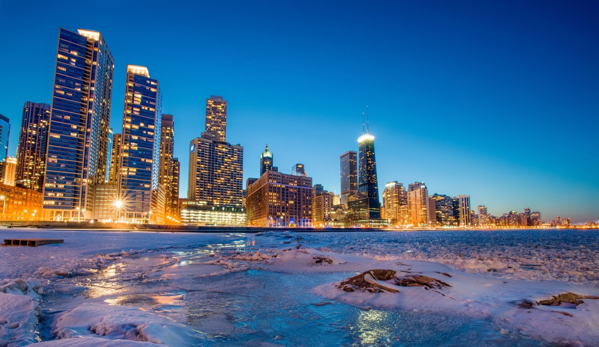 chicago hielo rascacielos bahía ciudad nocturna invierno