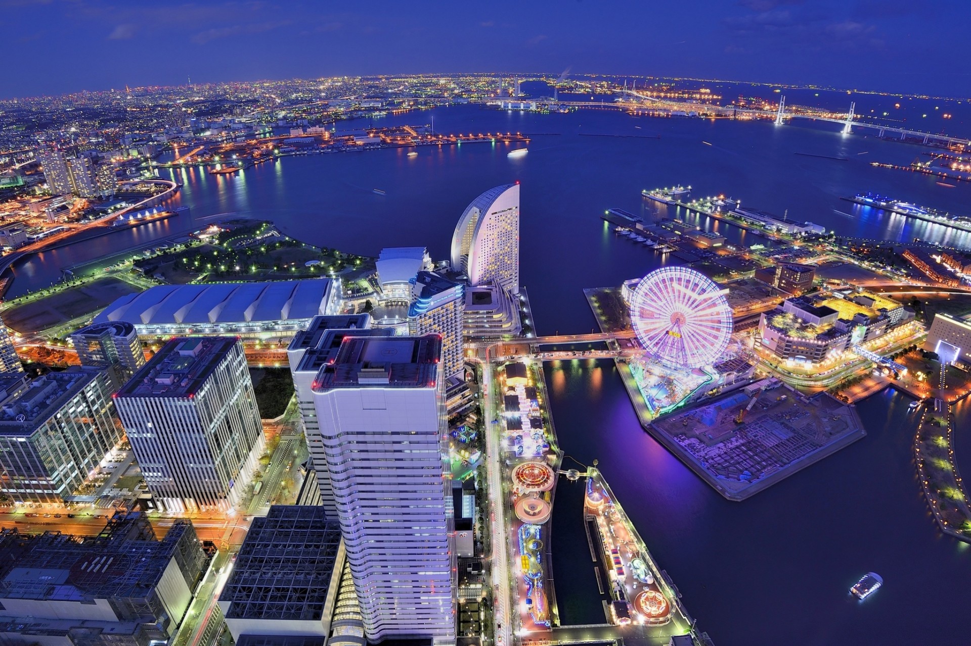 lights gulf night views sky yokohama light tokyo metropolis panorama blue building ferris wheel height japan house