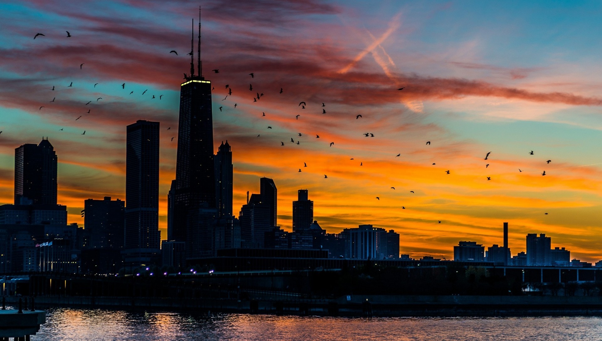 chicago coucher de soleil états-unis arbres gratte-ciel ciel bâtiment amérique