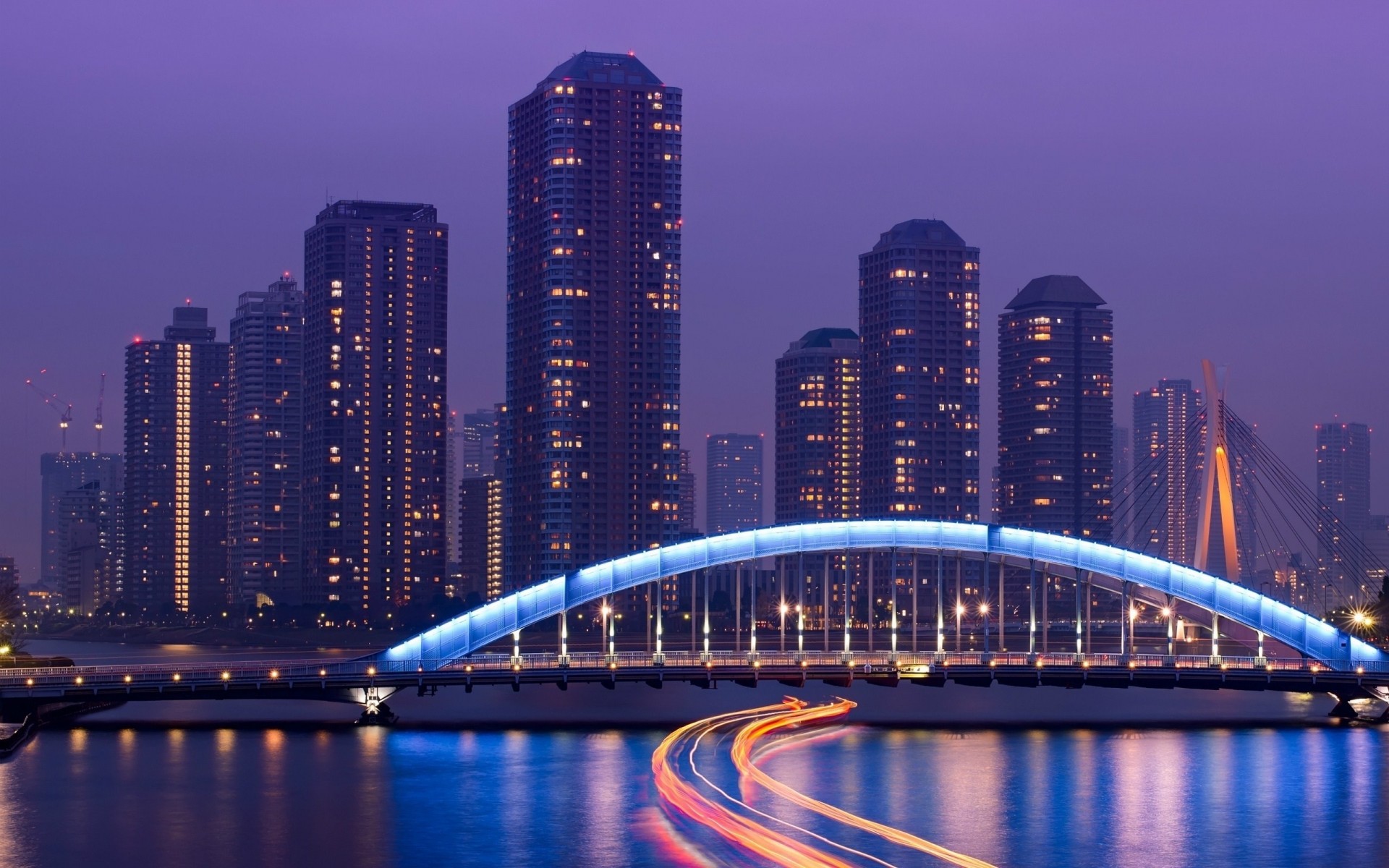 nuit pont gratte-ciel mer japon lumière