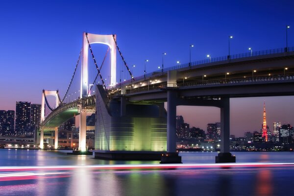 Vue sur le pont et la baie dans la nuit à Tokyo