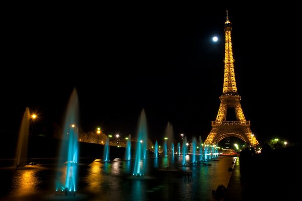 Night view of fountains near the Eiffel Tower