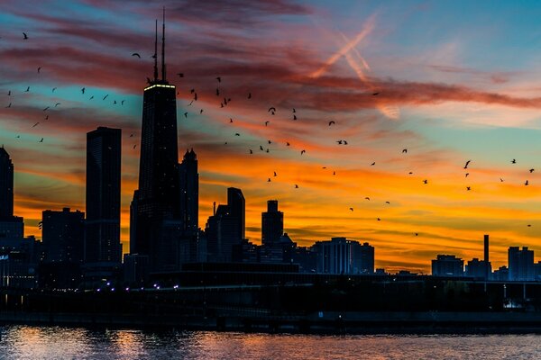 Chicago Wolkenkratzer im Hintergrund des Sonnenuntergangs