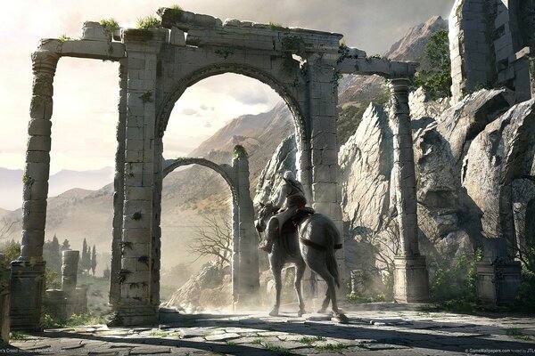 Assassins creed rider passes the ruins of the gate