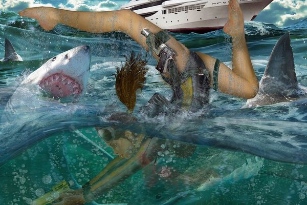 Lara Croft chasse au requin avec harpon