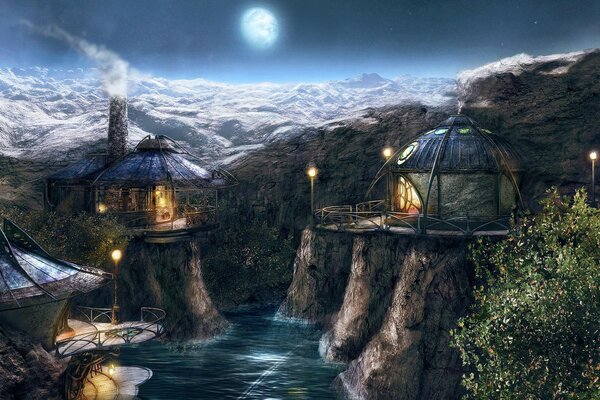 A painted village on the background of the moon and Rikki