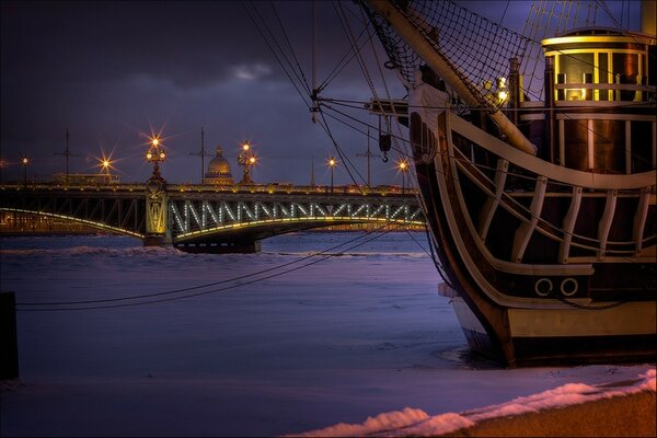 Ships and bridges of winter St. Petersburg