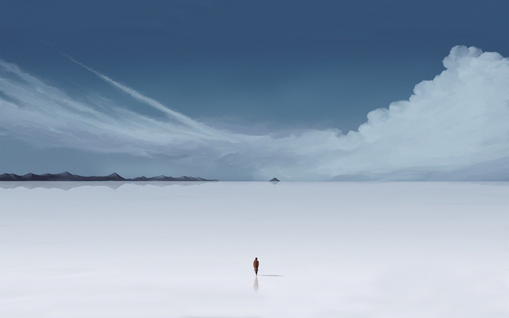 frozen lake winter man the sky nature loneliness horizon ice people clouds north