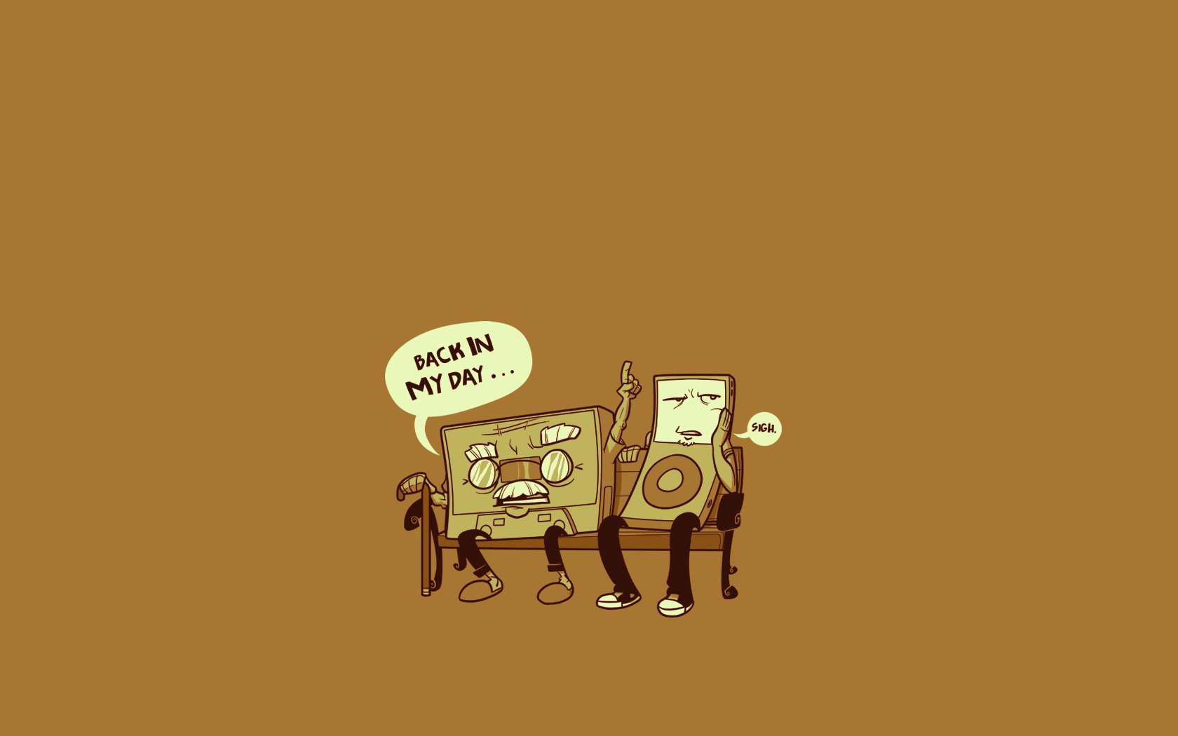 freunde auf der bank mp3-player minimalismus kassette brauner hintergrund hintergrund freaks bank karikatur männer