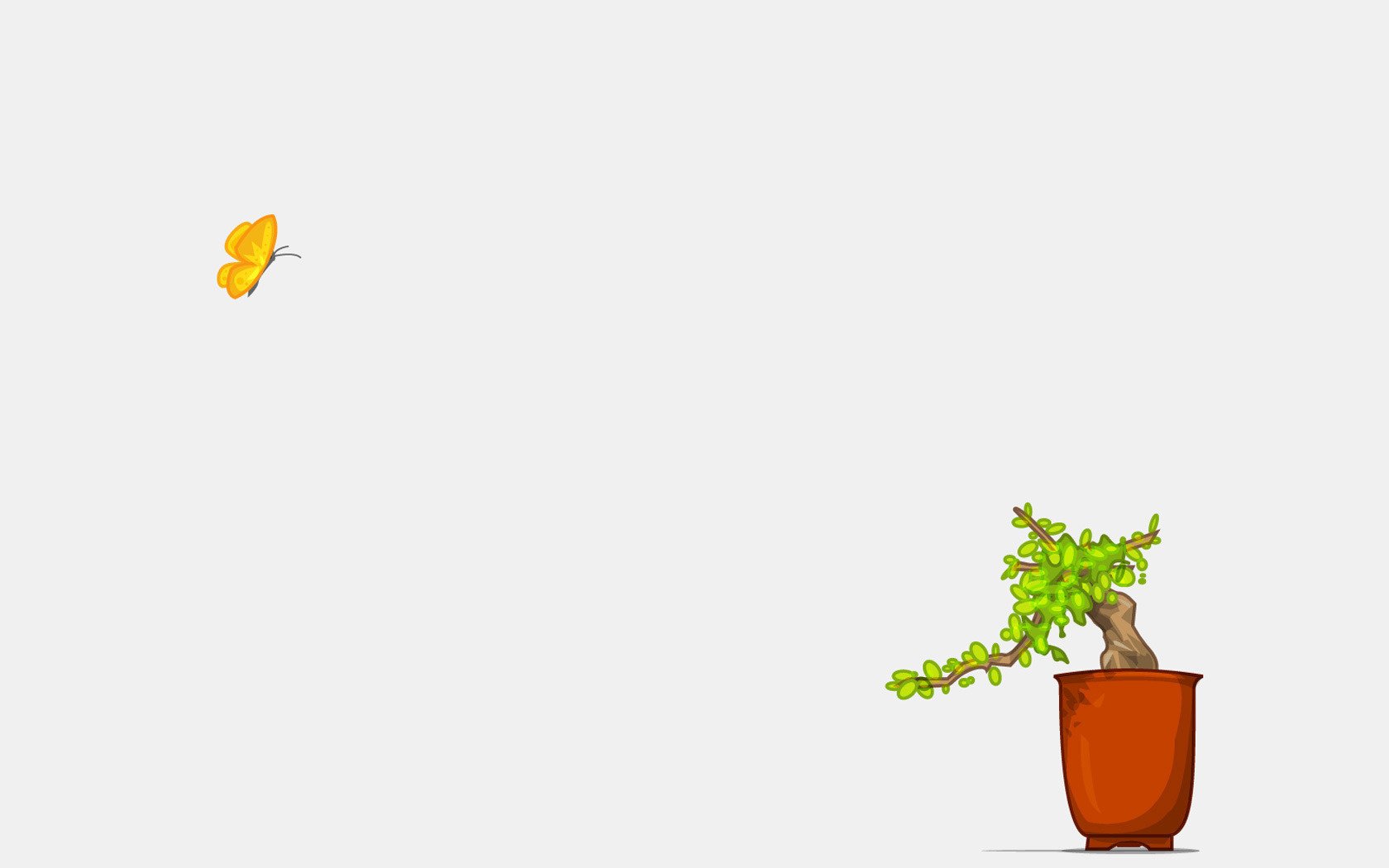 mall flowerpot minimalism art flower pot small butterfly green tree light background gray background gray green plant drawing insect simplicity style tree tree