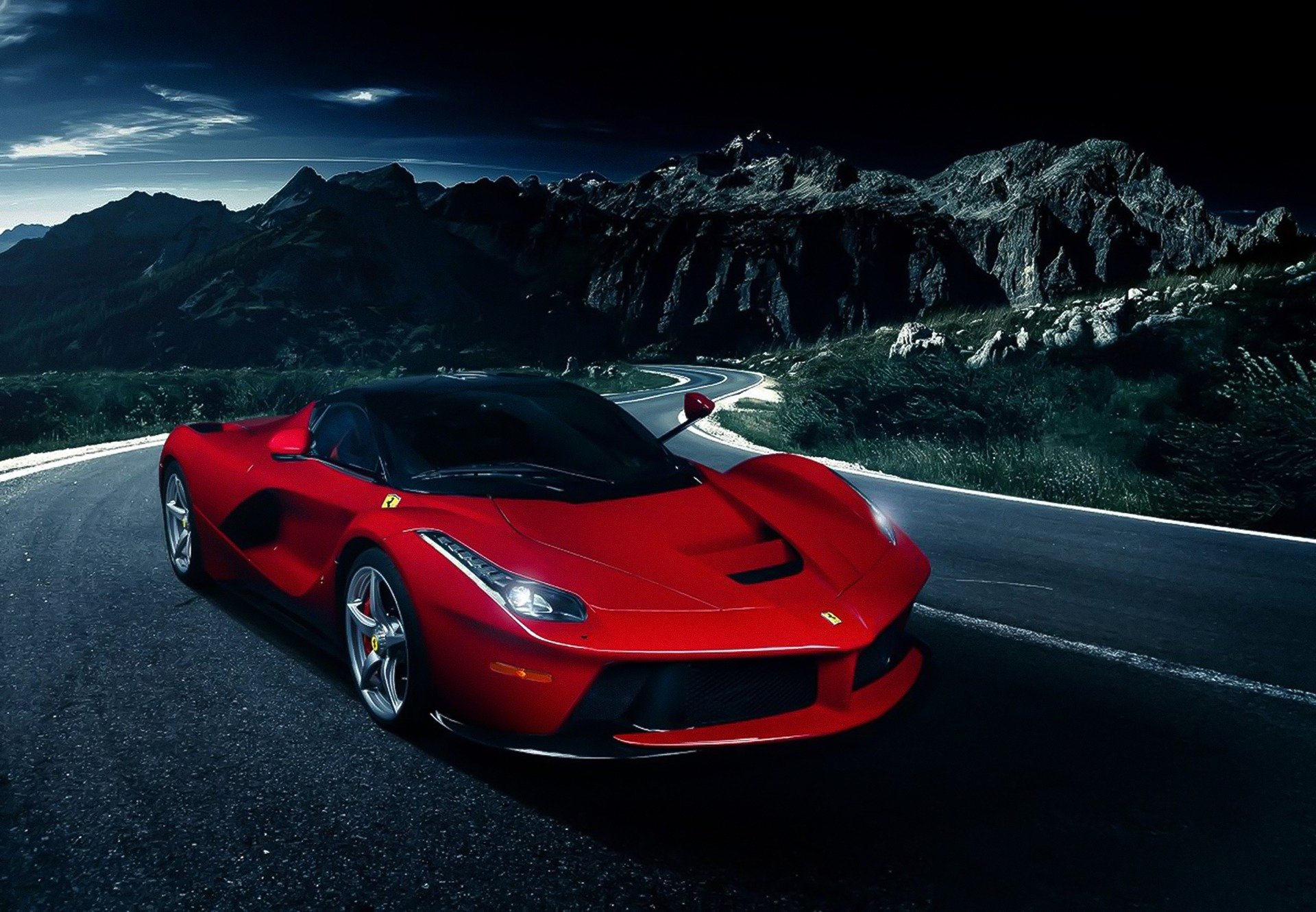 ferrari laferrari red nigth road front mountain