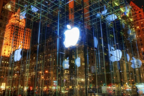 Leuchtende, spiegelförmige Vitrine mit Apple-Logo