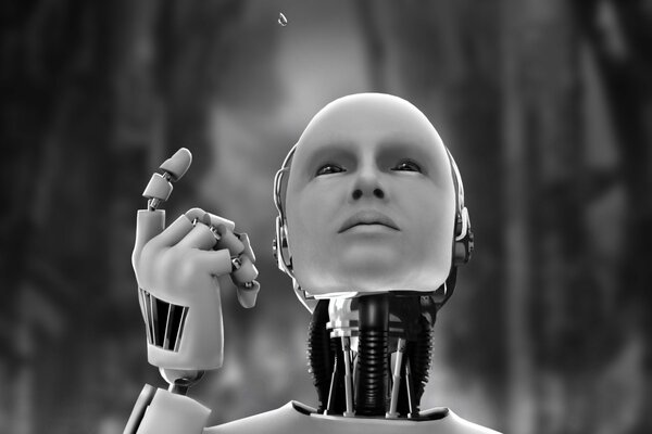 Robot regardant une photo en noir et blanc goutte