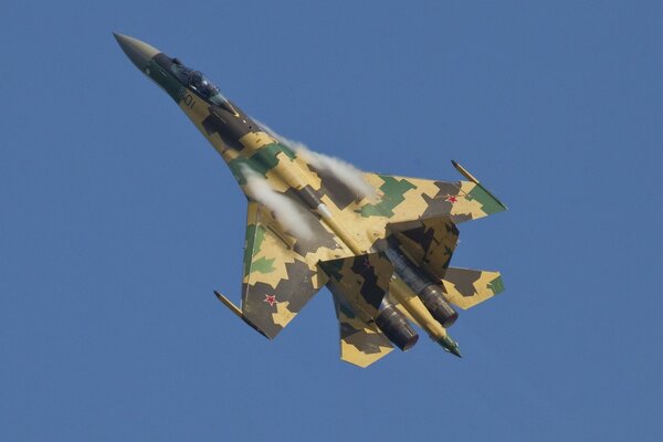 A fighter with camouflage colors high in the sky