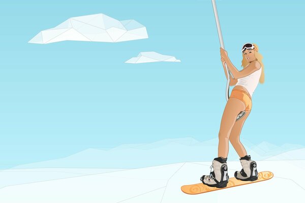 Blonde in winter snowboarding in a swimsuit