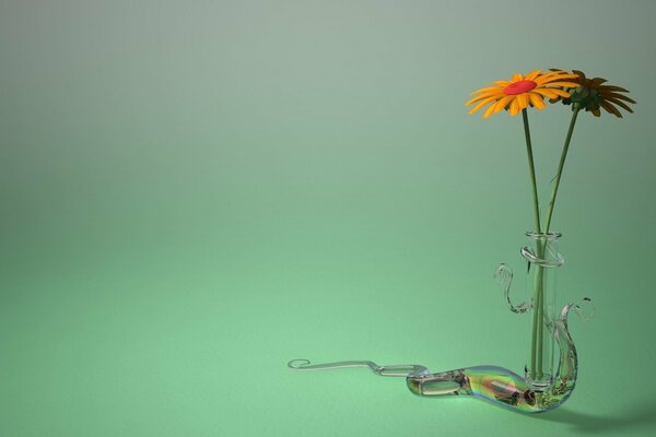 Two orange daisies with a creative vase