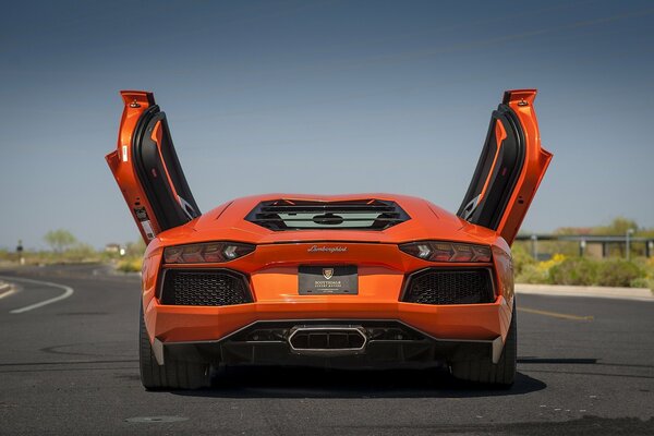 Orange lamborghini rear view with open doors