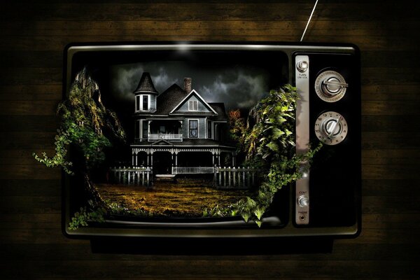 TV rétro avec l image d une maison sombre Vintage et des plantes vertes