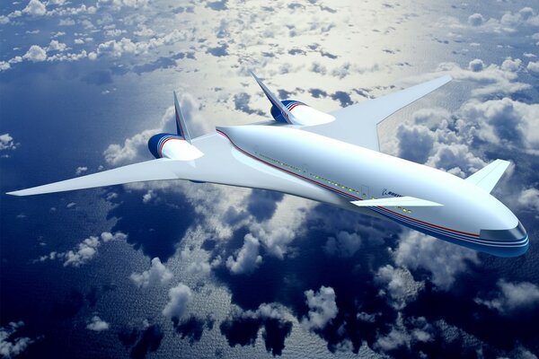 Modern white aircraft above the clouds