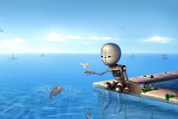 The robot is sitting on the embankment in the sea with fish and birds