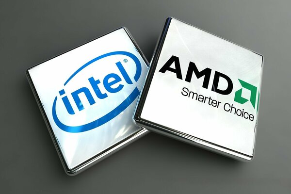 Amd- und Intel-Logos in weißen Quadraten auf grauem Hintergrund