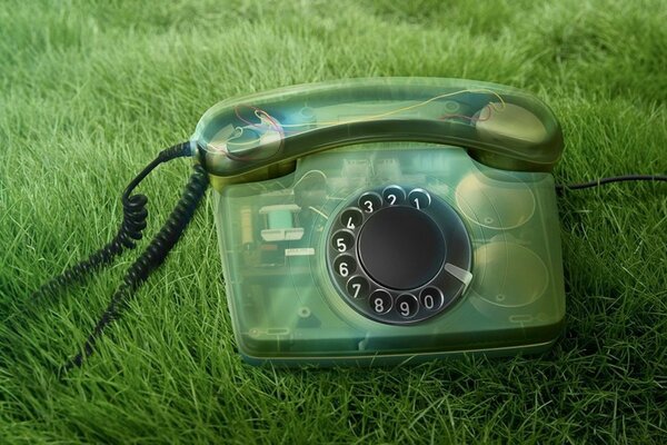 Téléphone dans un boîtier transparent sur l herbe verte