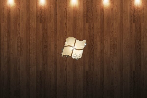 Microsoft Windows screensaver on a wooden background