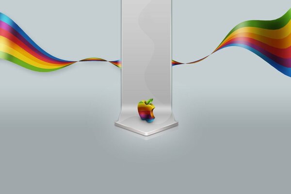 The emblem of a multicolored apple with a multicolored ribbon