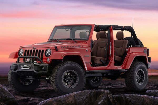 SUV Wrangler sur fond de beau coucher de soleil