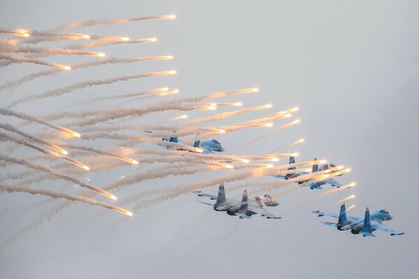 Russian fighter jets fly through the clear sky