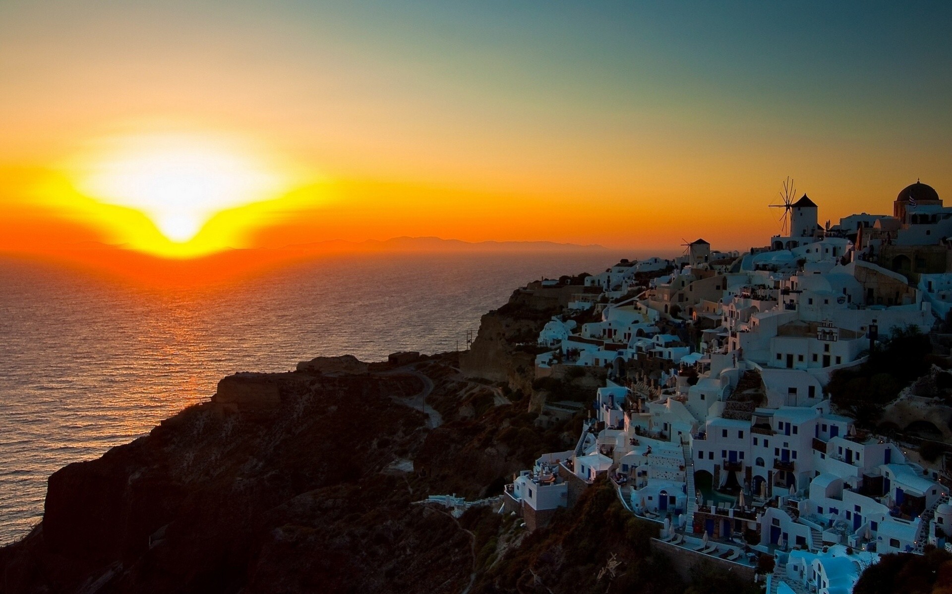 paesaggio tramonto costa mare grecia santorini oia mar egeo