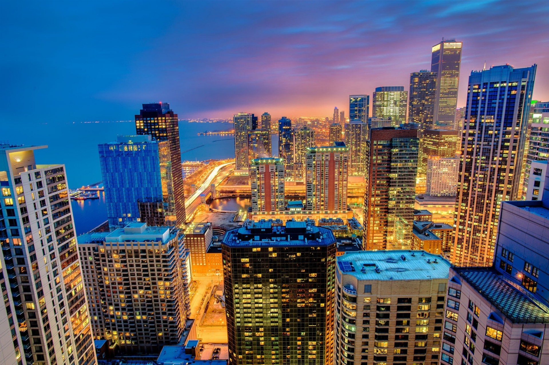 panorama chicago stadt nacht ansicht usa illinois wolkenkratzer gebäude höhe beleuchtung licht