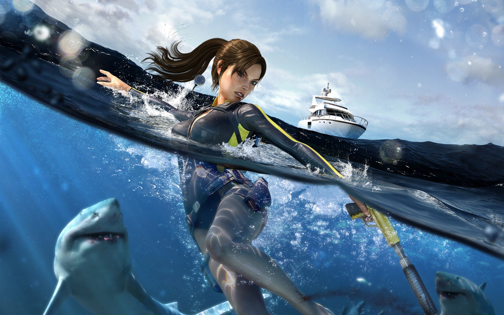 tomb raider underworld lara croft yate agua tiburón