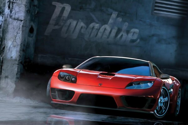 Rotes Auto burnout paradise auf dunklem Hintergrund