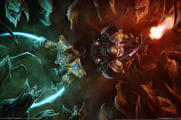 Starcraft 2 bataille vue de dessus. magie