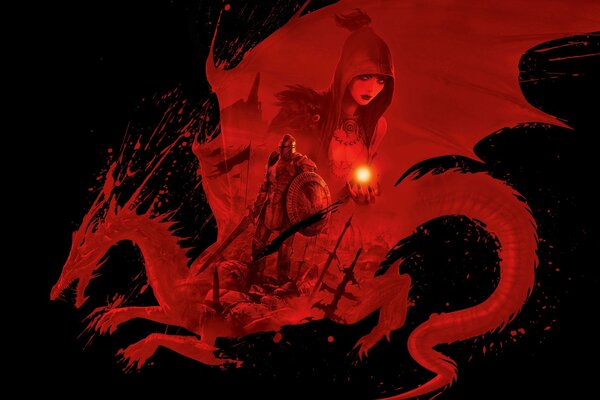 A warrior on a red dragon and a hooded woman